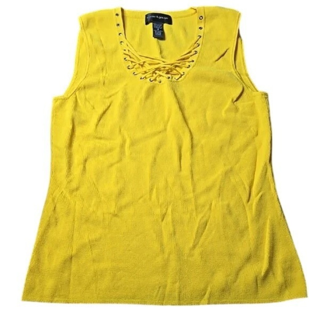 Cable & Gauge Ribbed Tank Top, Lace Up Neckline Detail, Bright Yellow, Medium